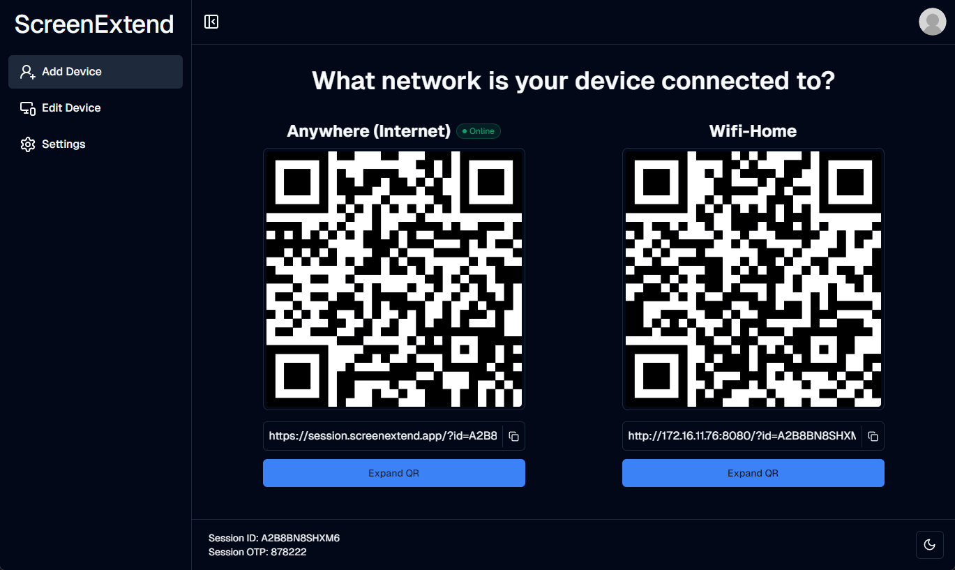 The ScreenExtend host app showing QR codes to add a new device